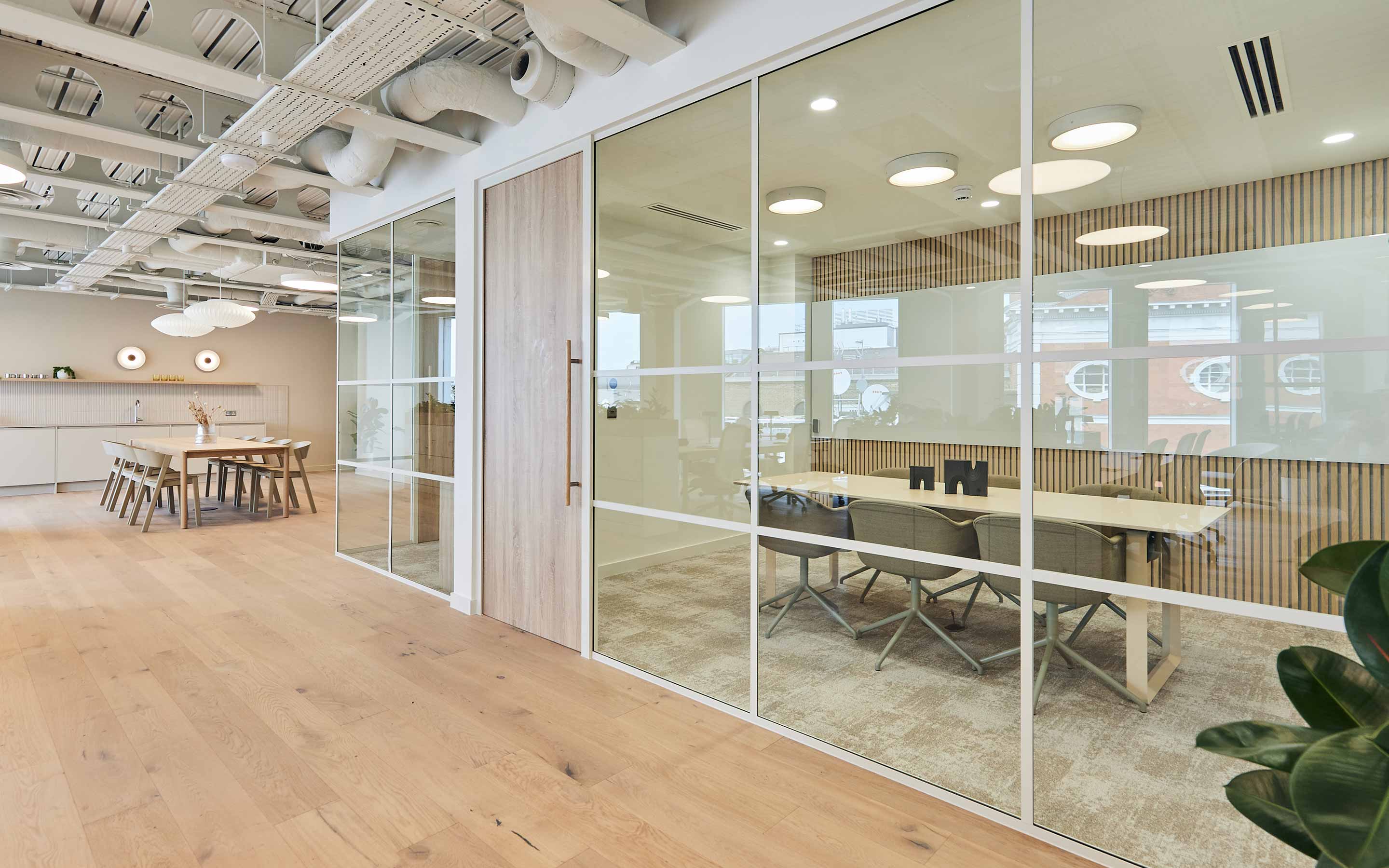 Glass walled meeting rooms in a contemporary office, with wooden finishes and a calming aesthetic