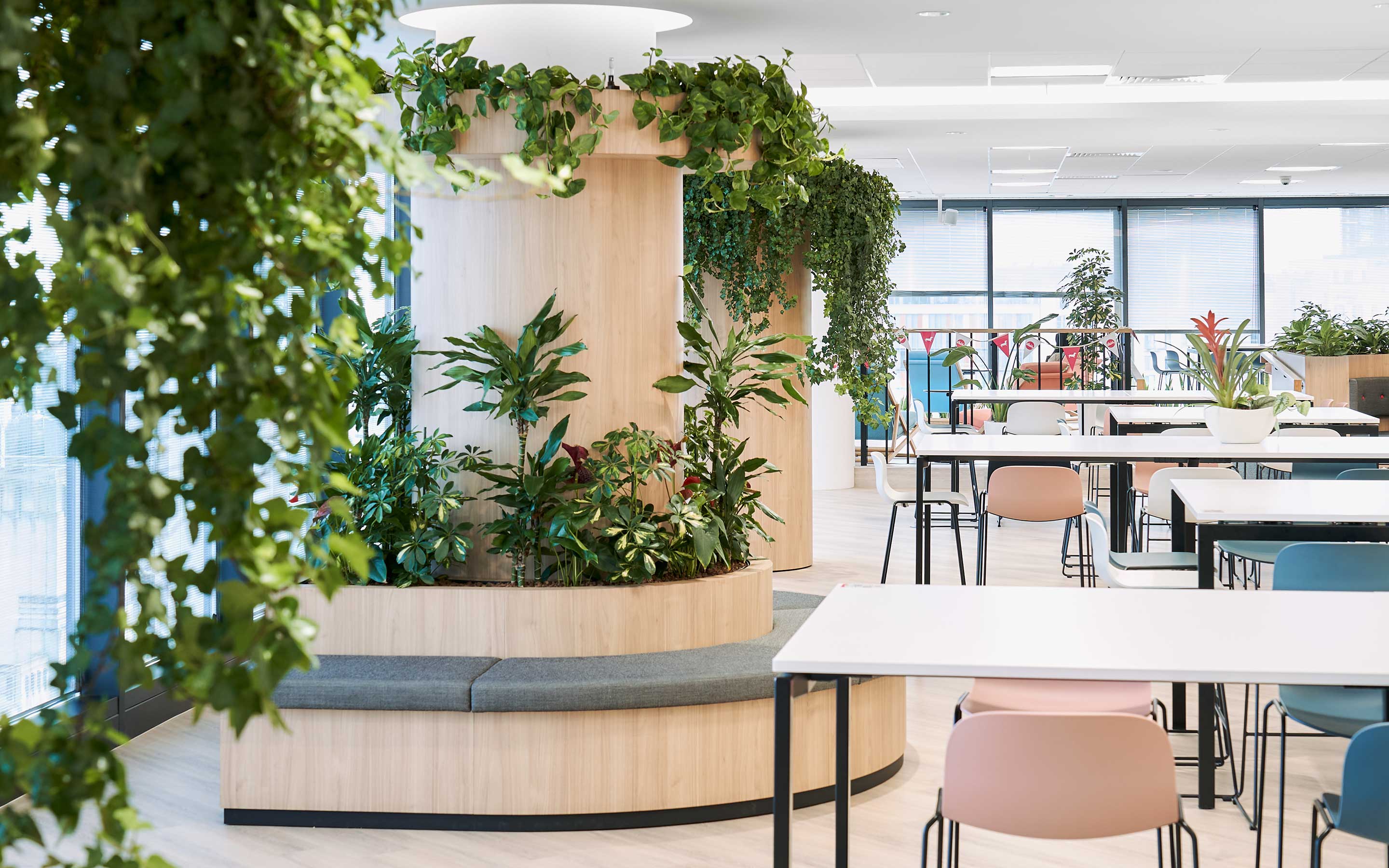 Biophilia and a bright, welcoming canteen area in a modern office interior design