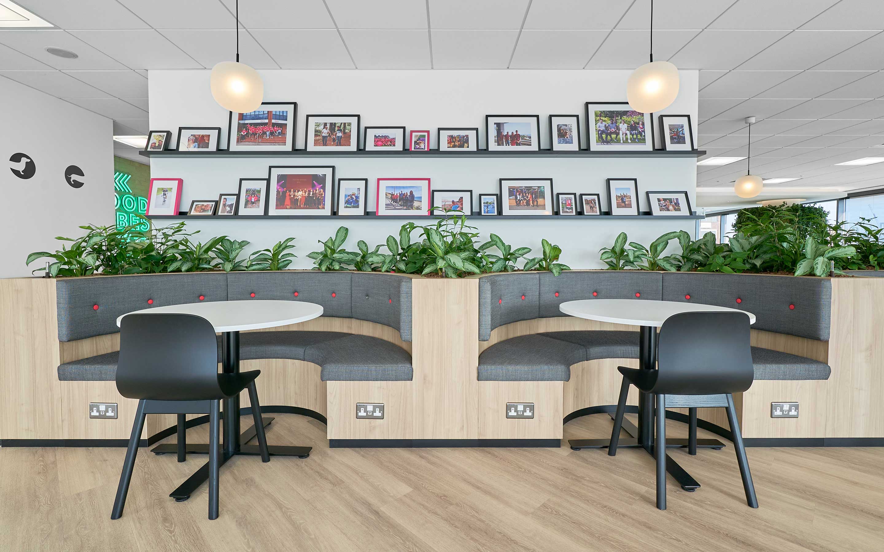 Soft seating and a table in a modern canteen, surrounded by pictures on the wall and plants