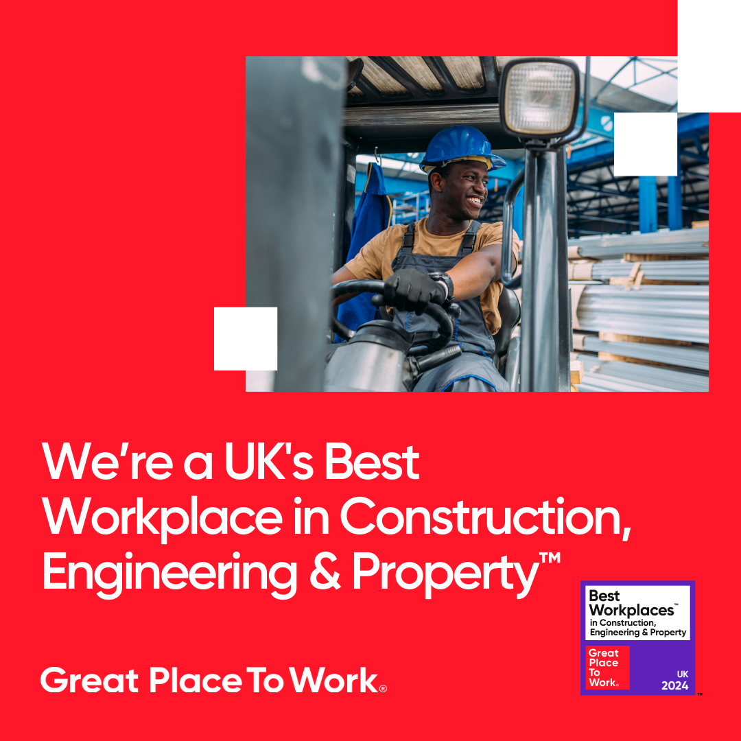 Award-winning office interior asset with red background, showcasing the UK's best workplace in construction, engineering, and property sectors.